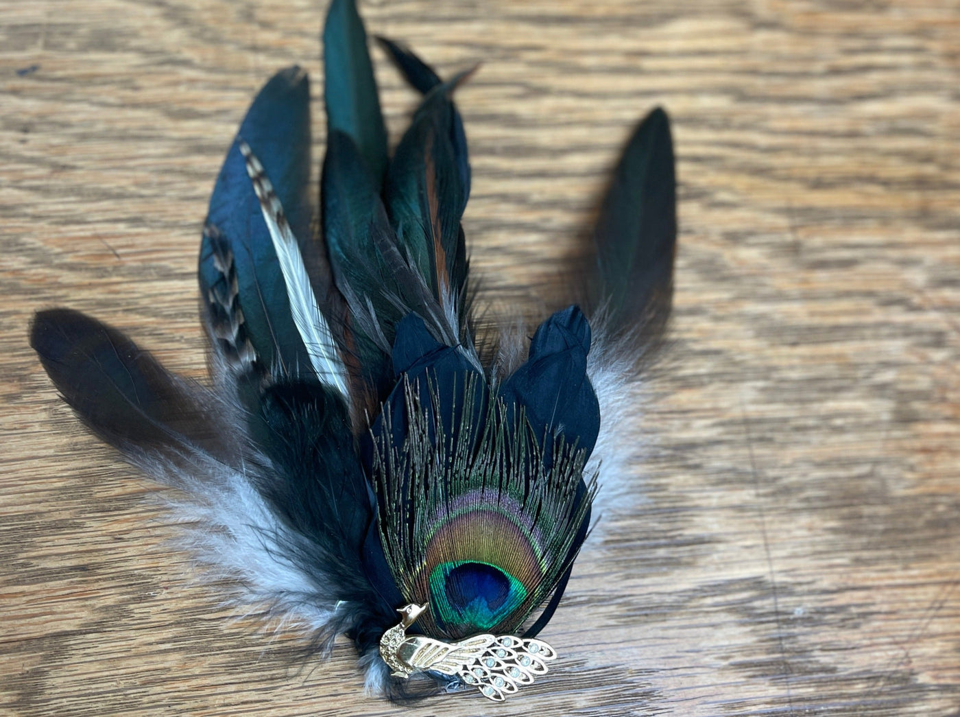 peacock feather with gold peacock broach 